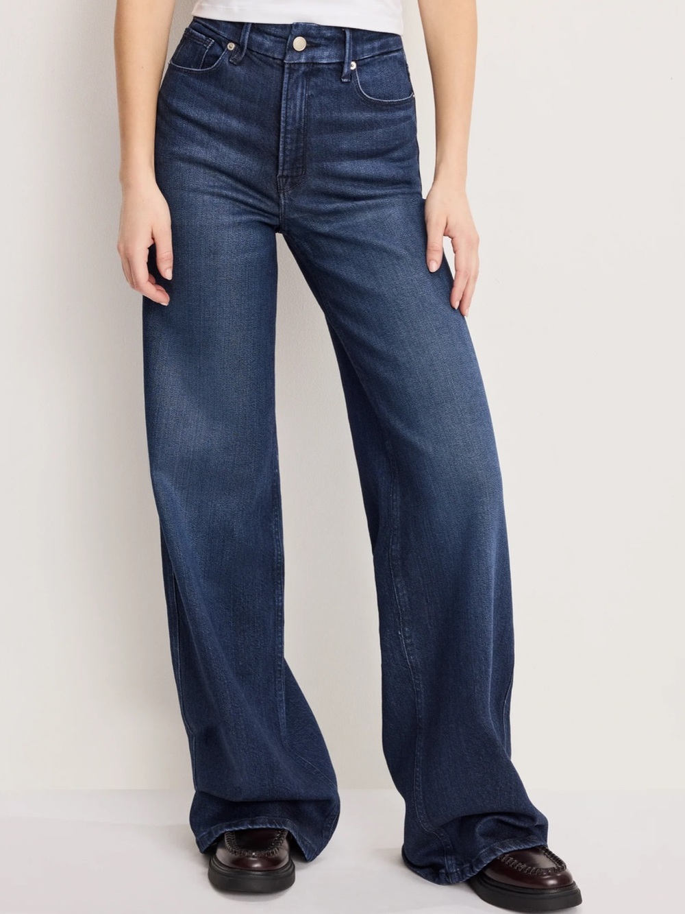 Good American "Soft Tech Good Skate" Indigo Blue Denim High Waist Wide Leg Jean